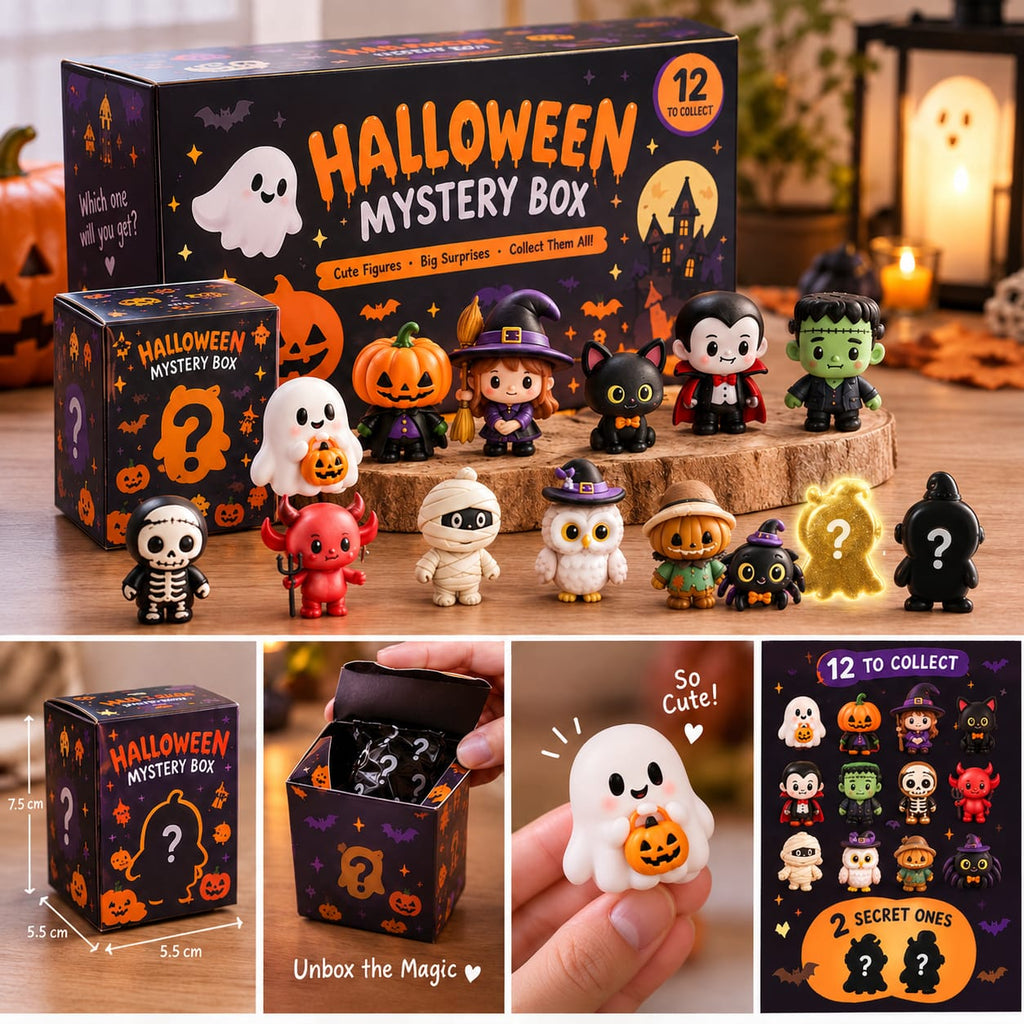 Halloween Mystery Box with 12 collectible figures and 2 secret mystery characters